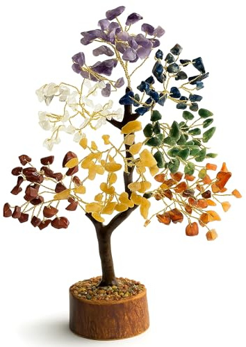Zenith Gaia Arbre en pierre précieuse - Arbre porte-bonheur en cristal - Fil doré - Pierres précieuses véritables - 7 chakras pour l'équilibre énergétique - Pierre précieuse décorative pour la