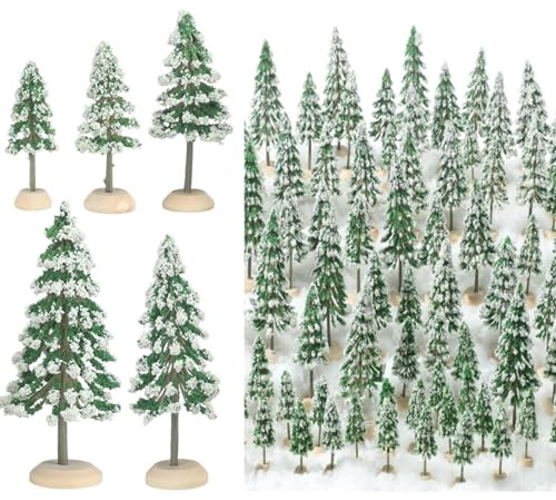 Janinka 100 Pcs Christmas Village Tree Bottle Brush Christmas Trees with Color Natural Wood Base Model Plant for Xmas Craft Table Decor Train Scenery Architecture DIY Craft Model Landscape 5 Size
