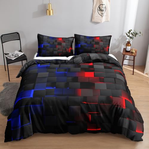 HOSIMA Technologie Würfel 3DMuster Bettwäsche,135 x 200 cm,Schwarz＆Rot＆Blau,Bettwäsche-Set,1 Bettbezug,1 Kissenbezug,mit Reißverschluss,geeignet für Kinder,Jugendliche und Erwachsene