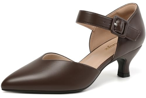 RIBONGZ Comfortable Kitten Heels for Women Pointed Closed Toe Ankle Strap Buckle Heels Slip on Low Heel Church Pumps Wedding Bridal Party Dressy Shoes, Brown Pu, 10 UK