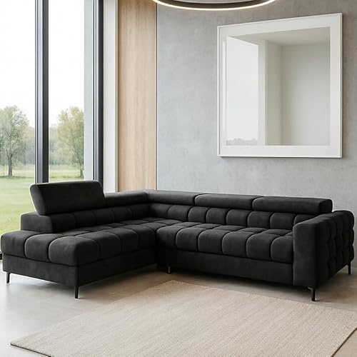 Modern Ferucce Corner Sofa Bed with Storage Adjustable Headrests and Wavy Springs Dark Grey Left Side