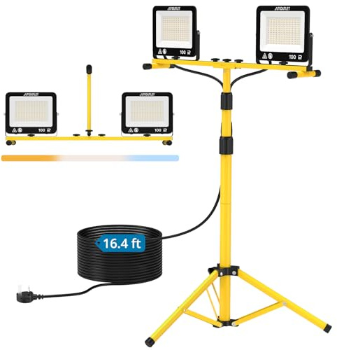 AUTOUTLET 2x 100W Projecteur De Chantier LED Avec Trépied, 19000LM Lampes de Travail à LED Trépied Réglable Avec 3 Modes de Température de Couleur, Câble 5M, IP66 Étanche