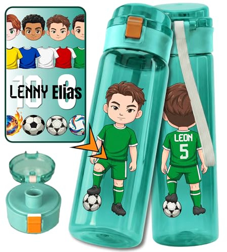 noki Personalisierte Trinkflasche Kinder Fußball auslaufsicher – Avatar mit Name & Rückennummer – Tritan 0,5L (Grün)