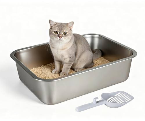 Skylos Stainless Steel Cat Litter Tray for Kittens & Small Cats, Compact High Sided Metal Litter Box, Odor Free Non Stick, Anti Slip Pads & Scoop Included, Easy to Clean, 40x30x10cm
