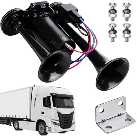 SKIKHN Clacson Auto, Tromba 12V con Compressore per Camion, Trombe Camion 600 DB, Doppio Tubo ad Aria Corno, per Veicoli da 12 V, Camions, Treni, Barche, Moto, Furgone