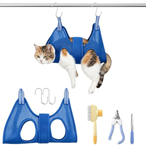 HENHIIO Katzenpflege Hängematte Set,Haustier Hängematte für Katzen Hunde | Atmungsaktive Taillengürtel,mit 2 S Haken,mit Haustier-Nagelknipser & Katzenkamm,für Haustierpflege,Waschen,Nagelschneiden