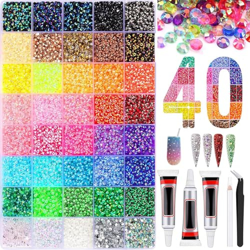 40 Farben 3mm Jelly Strasssteine, 40000 Stück Glitzersteine Bedazzler Kit, Flatback Rhinestones für Basteln Nägel Textilien Diamond Painting, Nageldesign, Gesichts Make Up, Bastelarbeiten, Mit Glue