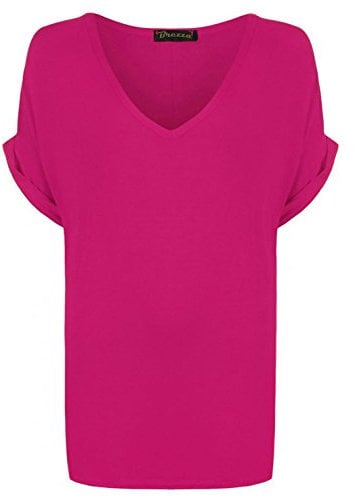 WearAll Women's New Plus Size Womens Short Turn Up Sleeve Baggy Plain Top Ladies V-Neck T-Shirt ((XX/L) 20-22, Cerise)