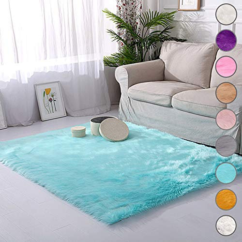 SODKK Runder Teppich Blau Faux Lammfell Schaffell Teppich 110x200cm, Gemütlich Strapazierfähig für Wohnzimmer, Esszimmer. Gästezimmer