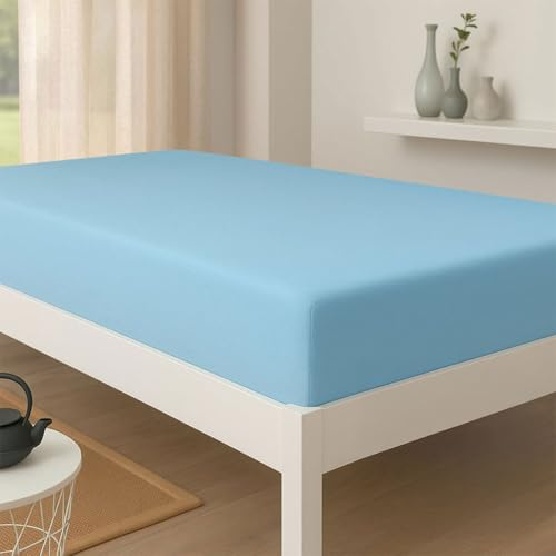 G BETTWARENSHOP Jersey Spannbetttuch wasserdicht 2in1 • Bettlaken und Matratzenschutz in einem 90x190-100x200 cm, hellblau