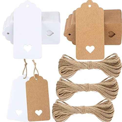 jijAcraft 200 Stück Geschenkanhänger Hochzeit, Kraftpapier Anhänger 9,5 x 4,5 CM, Anhängeetiketten mit Juteschnur, für Valentinstag, Hochzeit, Taufe, Weihnachten Geschenkverpackung (Braun + Weiß)