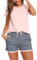 Litherday Pyjama Femme Ete Short à Manches Courtes Ensemble de Pyjama Coton Vêtements de Nuit Impression à Carreaux Confortable Doux Respirant,A Rose,M