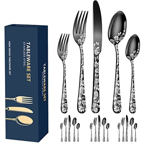 XIAOYU 20-Piece Flatware Set, Stainless Steel Silverware Cutlery Set for 4, Unique Pattern Design, Includes Dinner Knives/Forks/Spoons, Dishwasher Safe, Black