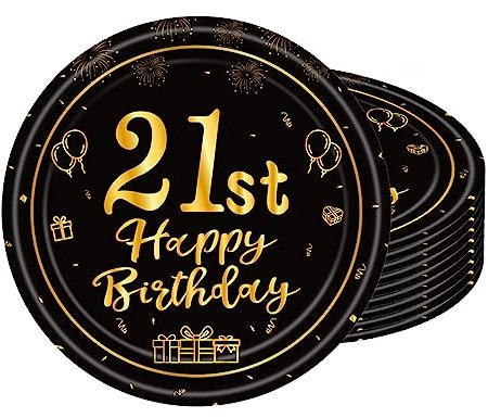 POPOYU 16pcs Black and Gold Paper Plates 21st, Happy Birthday Disposable Tableware Paper Plates 7 Inch,Happy 21st Birthday Decorations Plates for Men,Women,Him,Her 21st Birthday Gifts Party Supplies