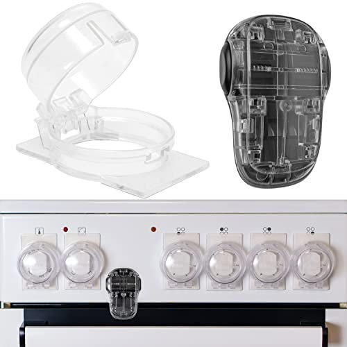 Herd Kindersicherung Set, für 6 Knöpfe, transparenter Kleber, mit Backofentür Kindersicherung, für max. Ø 4,9 cm und 4 cm hohe Herdknöpfe mit min. 6,1 cm Abstand Mitte-Mitte, Herdschutz Tür Knöpfe Kit