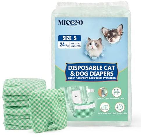 MICOOYO Einweg Hundewindeln für Hündinnen, Super Saugfähige Haustierwindeln für kleine Katzen und Hündinnen, Auslaufsicheren Katzen Windeln für Frauen in Wärme (Grün, S, 24 Stück)