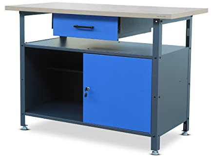 Jan Nowak Werkbank mit Arbeitsplatte Montagewerkbank Werktisch mit Schublade Schließfach Verstellbare Füße Belastbar bis 400 kg Metall Anthrazit-Blau 120 cm x 60 cm x 85 cm