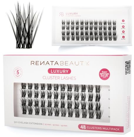 Renata Beauty LUXURY Look 48pcs Clusters de Faux Cils pour Extension Cils DIY a la Maison – Extensions de Cils Doux et Réutilisables – Bande Transparente Ultra-fine – Grappes d’Extensions de Cils