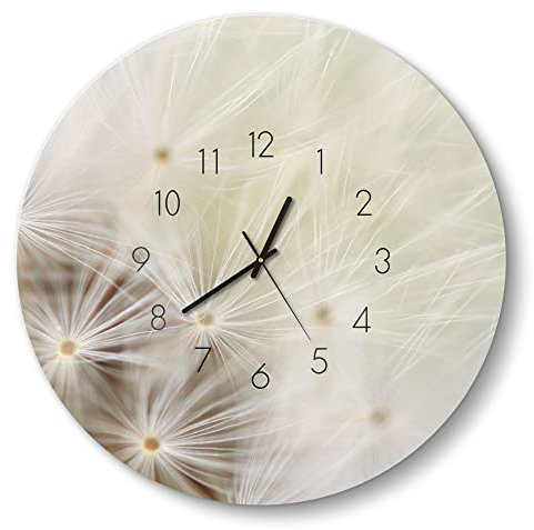 DEQORI Glasuhr | rund Ø 50 cm | Motiv Pusteblume ganz nah | große XXL Design Uhr aus Glas | leise Wanduhr für Wohnzimmer & Küche | Moderne Hingucker Uhr für die Wand