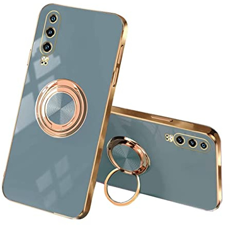ESONG Handyhülle für Huawei P30,Ultra Dünn Stoßfest TPU Galvanisierrahmen Schutzhülle mit Magnetisch Ring Ständer,Stilvoll Spiegel Shiny Case Cover für Damen-Grau