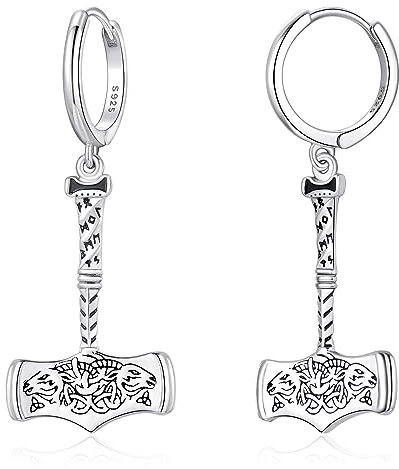 Nordische Wikinger Thors Hammer Creolen baumeln Ohrringe 925 Sterling Silber Wikinger Runen Huggie Tropfen Ohrringe Gothic Schmuck Geschenk