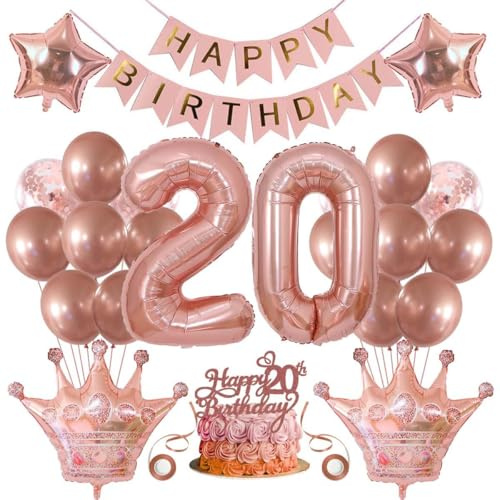 SNOWZAN Deko 20 Geburtstag Mädchen Partydeko Geburtstagsdeko Luftballons 20.geburtstag Deko Mädchen Rosegold Tortendeko 20.geburtstagsdeko 20 Mädchen 20 Jahre Geburtstag Deko Happy Birthday Banner