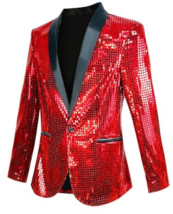 Nawgut Pailletten-Blazer, metallischer Anzug, Disco, Abschlussball, glänzende Jacke, Hochzeit, Party, Bankett, modischer Smoking für Herren und Erwachsene, Rot/Ausflug, einfarbig (Getaway Solids), XL