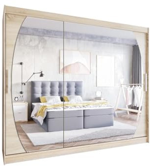 Easy4You L5 250 cm Sonoma Schiebetüren Kleiderschrank 250x215x58 cm mit Spiegel - Schlafzimmermöbel, Aufbewahrung - Mehrzweckschrank