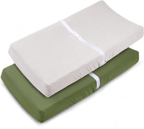 2 Pack Muslin Cotton Changing Pad Cover 33x 17, Olive Green/Beige