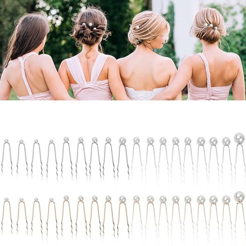 36 Pezzi Forcine per Capelli con Perle, 18 Oro e 18 Argento di Mollette per Capelli con Perle a Forma di U, Fermagli per Capelli con Perle da Sposa, 6 Misure Fermaglio Capelli Perla per Matrimonio