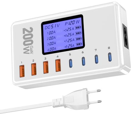 200W USB Ladegerät Mehrfach,8-ports USB C Ladegerät mit 4 USB C und 4 USB A,USB C Netzteil mit LED unterstützt PD/PPS/QC Schnellladegerät USB C für mehrere Geräte wie iPhone 16,Samsung,Pixel,iPad usw.