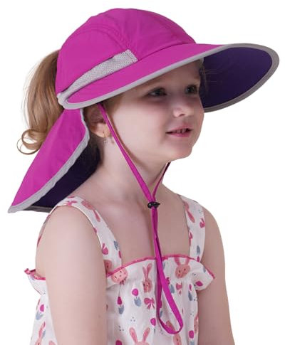 Creekstone Sonnenhut für Kinder mit Nackenklappe Pferdeschwanz Loch, UPF 50+, Breite Krempe, Sommer-Strandhut für Kleinkinder Mädchen Jungen (DE/NL/SE/PL, Alter, 5 Jahre, 9 Jahre, Fuchsie)
