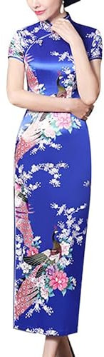 keepmore Mode Été Impression Paon Satin Long Cheongsam Style Chinois Robe Qipao étroite pour Femmes