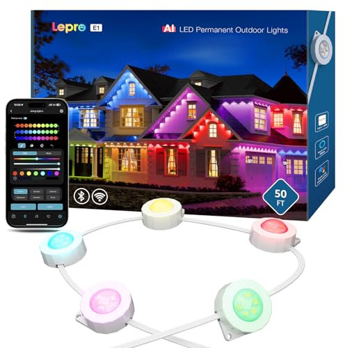 Lepro E1 AI Permanent Outdoor Lights 15m, Smart Outdoor Christmas Eaves Lights, Waterproof, Tunable White & Colour Changing, Personalized AI Lighting Designer, Works with Alexa, 2.4G WiFi, No Remote