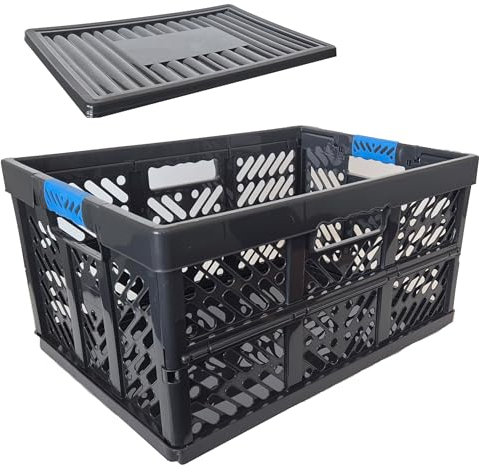 homesti Klappbox 45 L bis 50 kg, 1er Set mit Deckel, 54 x 36 x 28 cm, Einkaufskorb in Schwarz Blau, stabil, faltbar, Soft-Touch Griffe, lebensmittelecht, pflegeleicht