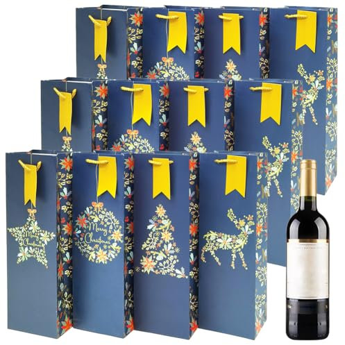 12 Stück Flaschentüten Für Weihnachten,Weihnachten Wein Geschenktüte,Weihnachtliche Kraftpapier-Geschenktüten Für Weinflaschen,Flaschentüten Für Einzelne Wein Mit Griffen,Für Wein Whisky (Stil-C)