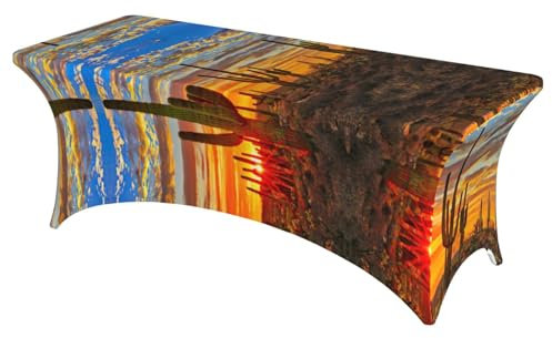 JEJEA Sonnenuntergang Kaktus in Wüste, 1,8 m, Stretch-Spandex-Tischdecke, waschbar, Tischschutz, für Party, Hochzeit, Bankett