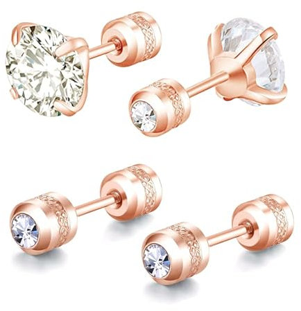 ZOCOYUU 2 Pairs Stud Earrings Set,Hypoallergenic 5A Cubic Zirconia 316L Stainless Steel CZ Screw Back for Men,Women,Boys & Girls (2 Pairs Rose Gold-6mm)