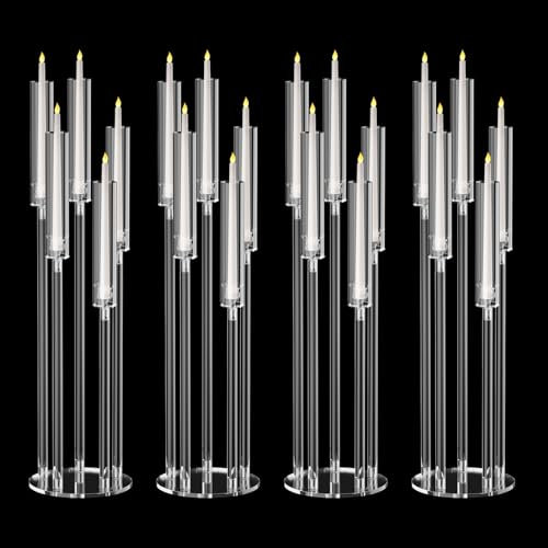 Yokawe Große Kerzenleuchter Tafelaufsätze, 4 Stück, 87 cm hoch, transparent, 5-armiger Kerzenhalter mit Acryl-Schattierungen, LED-Kerzenaufsätze, Hochzeits-Mittelstücke, 1 Set