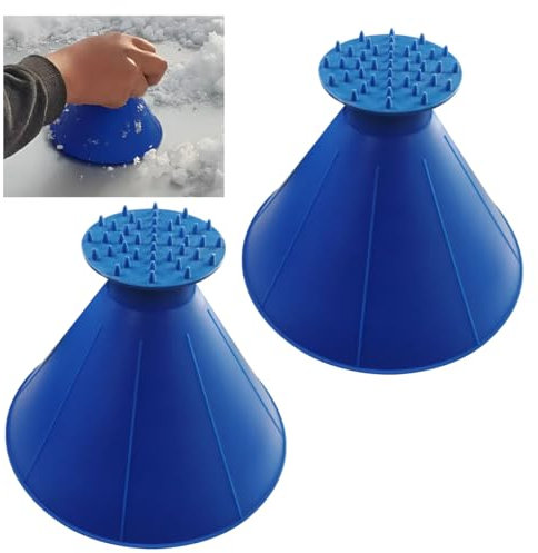KITUREK 2PCS Magical Ice Scrapers for Car, 2 in 1 Round Snow Scraper for Car, Cone Windshield Ice Scraper with Funnel, Winter Car Snow Removal Accessories for Car, Bus, Truck, SUV (Blue)