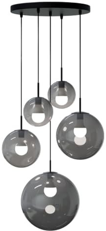 Liadomo Pendelleuchte Vetro – 5-flammig – Cluster – kugelförmige Rauchglasschirme – Esszimmer/Wohnzimmer –Leuchtmittel inbegriffen