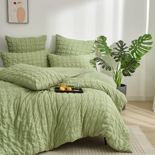 YASMENG Seersucker Housse de Couette 240 x 260 Vert À Carreaux Microfibre | Seersucker Parure de Lit 240 x 260 Doux Linge de Lit 2 Personne Adulte avec Fermeture Éclair avec Taies d'oreiller 65x65 cm