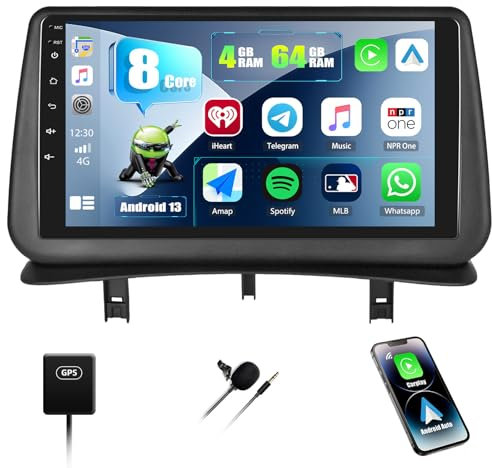 8 Core 4G+64G CAMECHO Android 13 para Renault Clio 3 2006-2012 con Navi Carplay Android Auto, 9 Pulgadas Pantalla Doble DIN autoradio con Bluetooth5.0 FM/RDS 32EQ DSP SWC