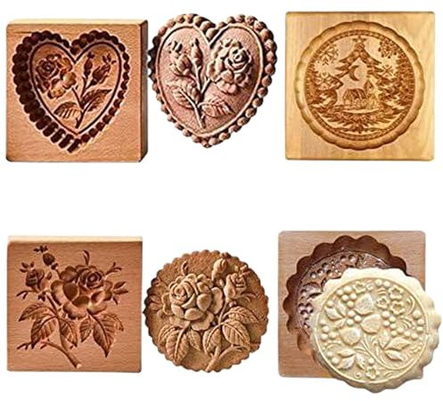 4pcs stampi di Pasta frolla in Legno, timbri per Biscotti intagliati 3D da 3, 9 Pollici con 4 Diversi Motivi, riutilizzabili per Cookie e Biscotti da Forno