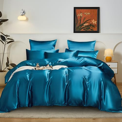 YASMENG Satin Bettwäsche 200x200 Petrol Uni Einfarbig Bettwäsche Satin Glänzend Glatt Deluxe Weich Seidig Seide Bettbezug Set 3 Teilig mit Reißverschluss und 2 Kissenbezüge 80x80 cm