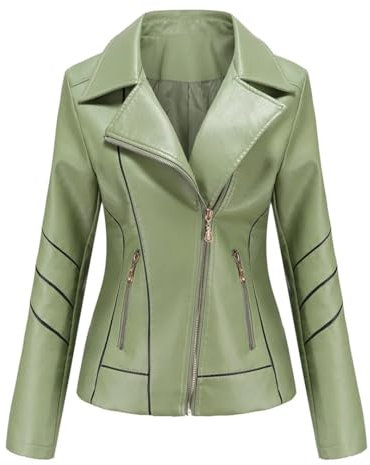 Giacca da moto da donna in pelle PU antivento con cerniera in pelle PU, Senape En8, S