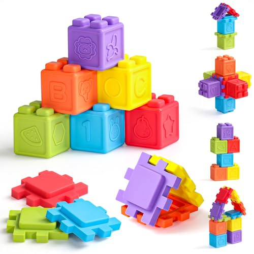 jerryvon Baby Spielzeug ab 6 Monate Babyspielzeug Montessori Spielzeug 6-12 Monate mit 6 Stapelwürfel & 6 Bauklötze Motorikspielzeug Bausteine für Kinder ab 1 Jahr Beißring Baby Geschenk Junge Mädchen