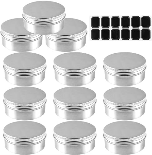 LOLYSIC 12 Stück 250ml Runde Metalldosen mit Deckel und Aufkleber(9.4 x 4.2 cm), Rund Aluminium Blechdosen, Groß leere Metalldosen mit Deckel für Aufbewahrung von Tee, Lotion Creme, Manikürezubehör