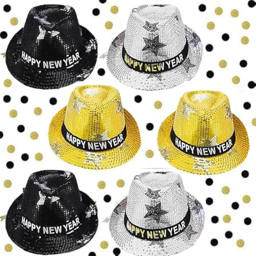 HEREER 6 Stück Neujahr Silvester Partyhut Gold Schwarz Silvester Partyhut Frohes Neues Jahr Fedora hüte Dekorationen für Männer und Frauen Silvesterpartydeko 2026