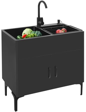 Évier de cuisine, avec meuble bas et double lavabo, en acier inoxydable, avec robinet pivotant (chaud/froid) - Évier commercial en acier inoxydable - Charge maximale : 55 kg - Évier autonome avec